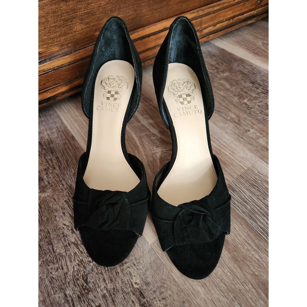 Vince Camto Black Suede D'Orsay Peep-Toe Rosette/Bow Heels